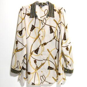 Roz & Ali Women's Beige with Gold Chain Design 3/4 Sleeve Top – Size: 2X